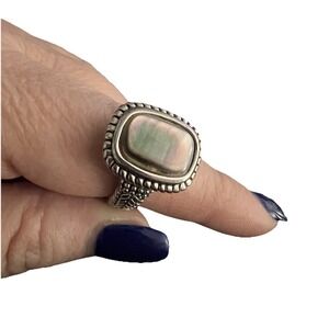 Silver Tone Ring Size 9.5 Smoky Opal Stone‎ With Beaded Rectangular Border